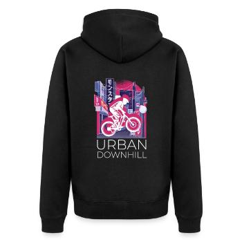 Vaporwave Synthwave Skyline Downhill - Unisex Premium Bio Zip Hoodie - Schwarz - Hinten - Nico (187cm)