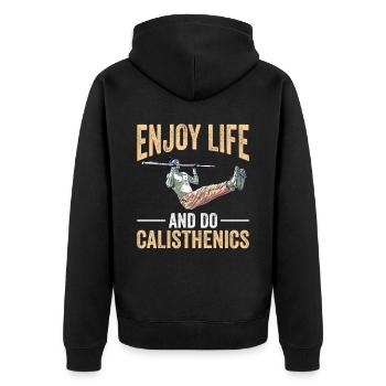 Calisthenics Körpergewicht Krafttraining - Unisex Premium Bio Zip Hoodie - Schwarz - Hinten - Nico (187cm)