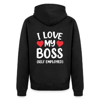 J’aime mon patron (travailleur indépendant) pigiste - Veste à capuche bio Premium Unisexe - noir - Dos - Nico (187cm)