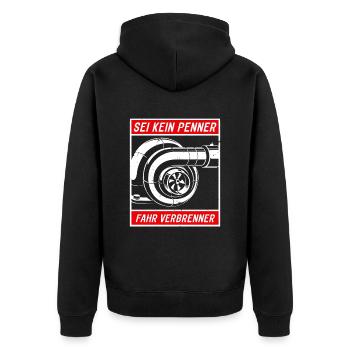 Sei kein Penner fahr Verbrenner - Unisex Premium Bio Zip Hoodie - Schwarz - Hinten - Nico (187cm)