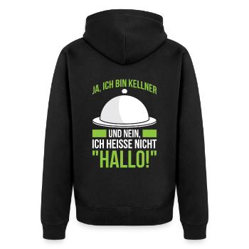 Ja, Ich Bin Kellner Und Nein, Ich Heiße Nicht "Hal - Unisex Premium Bio Zip Hoodie - Schwarz - Hinten - Nico (187cm)