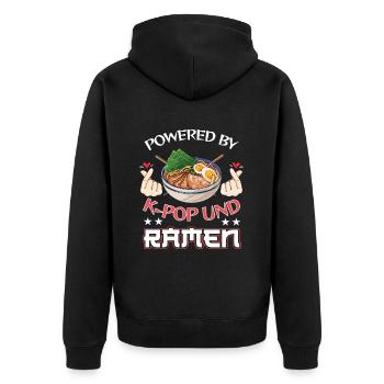 Powered by K-Pop und Ramen Nudelsuppe Musik K-Pop - Unisex Premium Bio Zip Hoodie - Schwarz - Hinten - Nico (187cm)