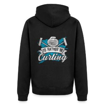 Coole Curling Plakette I'd rather be Curling - Unisex Premium Bio Zip Hoodie - Schwarz - Hinten - Nico (187cm)