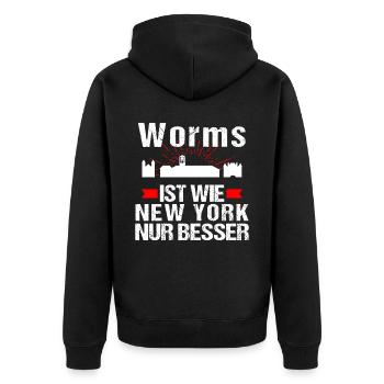 Worms Ist Wie New York Nur Besser - Unisex Premium Bio Zip Hoodie - Schwarz - Hinten - Nico (187cm)