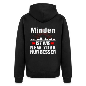 Minden Ist Wie New York Nur Besser - Unisex Premium Bio Zip Hoodie - Schwarz - Hinten - Nico (187cm)