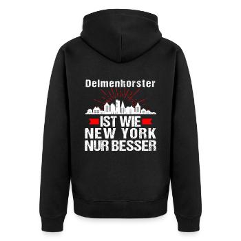 Delmenhorst Ist Wie New York Nur Besser - Unisex Premium Bio Zip Hoodie - Schwarz - Hinten - Nico (187cm)