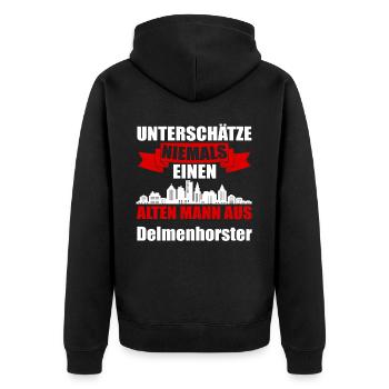 Unterschätze Niemals Einen Alten Mann Aus Delmenho - Unisex Premium Bio Zip Hoodie - Schwarz - Hinten - Nico (187cm)