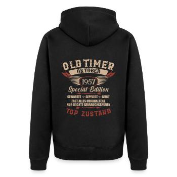 Oldtimer Oktober 1957 Jahrgang Geburtstag - Unisex Premium Bio Zip Hoodie - Schwarz - Hinten - Nico (187cm)