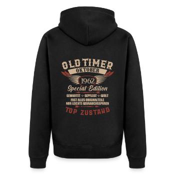 Oldtimer Oktober 1962 Jahrgang Geburtstag - Unisex Premium Bio Zip Hoodie - Schwarz - Hinten - Nico (187cm)