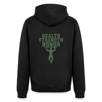 Health Strength Honor Fitness Workout - Unisex Premium Bio Zip Hoodie - Schwarz - Hinten - Nico (187cm)