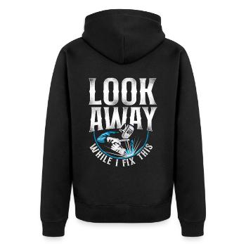 Welder Welding Vintage Look Away - Unisex Premium Bio Zip Hoodie - Schwarz - Hinten - Nico (187cm)