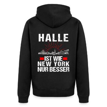 Halle Ist Wie New York Nur Besser - Unisex Premium Bio Zip Hoodie - Schwarz - Hinten - Nico (187cm)