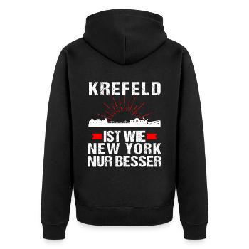 Krefeld Ist Wie New York Nur Besser - Unisex Premium Bio Zip Hoodie - Schwarz - Hinten - Nico (187cm)
