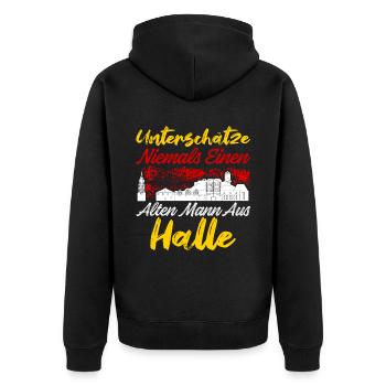 Unterschätze Niemals Einen Alten Mann Aus Halle - Unisex Premium Bio Zip Hoodie - Schwarz - Hinten - Nico (187cm)