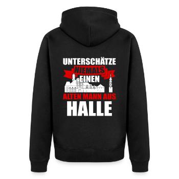 Unterschätze Niemals Einen Alten Mann Aus Halle - Unisex Premium Bio Zip Hoodie - Schwarz - Hinten - Nico (187cm)