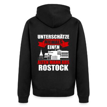 Unterschätze Niemals Einen Alten Mann Aus Rostock - Unisex Premium Bio Zip Hoodie - Schwarz - Hinten - Nico (187cm)