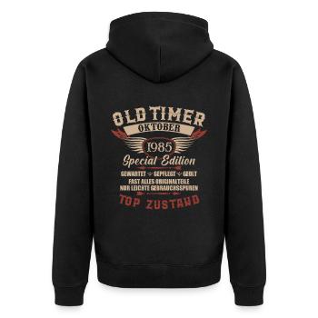 Oldtimer Oktober 1985 Jahrgang Geburtstag - Unisex Premium Bio Zip Hoodie - Schwarz - Hinten - Nico (187cm)