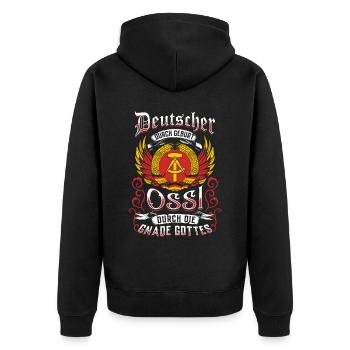 Ossi Geschenk Ostdeutschland NVA Germania Osten - Unisex Premium Bio Zip Hoodie - Schwarz - Hinten - Nico (187cm)