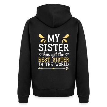 Meine Schwester hat die beste Schwester der Welt - Unisex Premium Bio Zip Hoodie - Schwarz - Hinten - Nico (187cm)