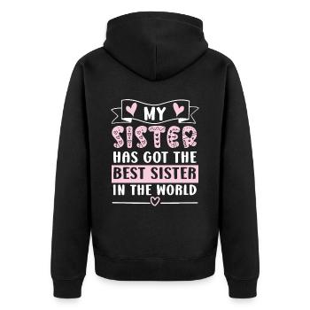 Meine Schwester hat die beste Schwester der Welt - Unisex Premium Bio Zip Hoodie - Schwarz - Hinten - Nico (187cm)