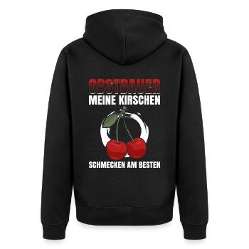 Obstbauer Meine Kirschen Schmecken Am Besten - Unisex Premium Bio Zip Hoodie - Schwarz - Hinten - Nico (187cm)