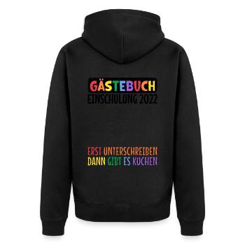 Gästebuch Einschulung Erst Unterschreiben Kuchen - Unisex Premium Bio Zip Hoodie - Schwarz - Hinten - Nico (187cm)