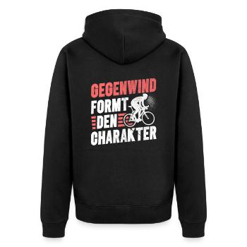 Gegenwind formt den Charakter für Radfahrer - Unisex Premium Bio Zip Hoodie - Schwarz - Hinten - Nico (187cm)