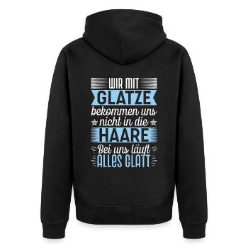 Wir mit Glatze bekommen uns nicht in die Haare - Unisex Premium Bio Zip Hoodie - Schwarz - Hinten - Nico (187cm)