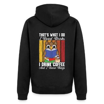 Ich lese Bücher, die ich trinke, und ich kenne Dinge Eule - Unisex Premium Bio Zip Hoodie - Schwarz - Hinten - Nico (187cm)