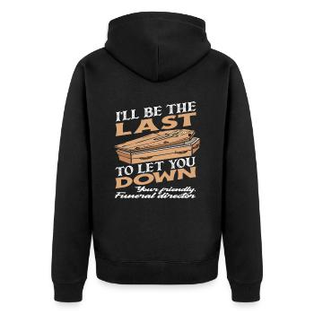 Bestatter - Unisex Premium Bio Zip Hoodie - Schwarz - Hinten - Nico (187cm)