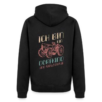 Dorfkind und stolz drauf. Dorfkind - Unisex Premium Bio Zip Hoodie - Schwarz - Hinten - Nico (187cm)