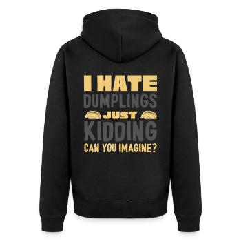 Ich Hasse Knödel, Nur Ein Scherz - Unisex Premium Bio Zip Hoodie - Schwarz - Hinten - Nico (187cm)