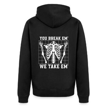Radiologist You Break Em We Take Em Radiology Xray - Unisex Premium Bio Zip Hoodie - Schwarz - Hinten - Nico (187cm)
