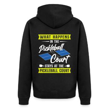 Pickleball What Happens At The - Unisex Premium Organic Zip Hoodie - black - Back - Nico (187cm)