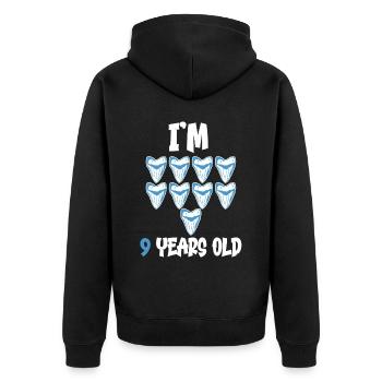 Ich bin 9 Jahre alt - Megalodon-Zahnhai 9. - Unisex Premium Bio Zip Hoodie - Schwarz - Hinten - Nico (187cm)