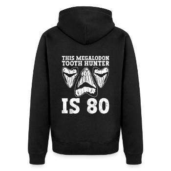 This Megalodon Tooth Hunter is 80 - Megalodon Shark - Unisex Premium Organic Zip Hoodie - black - Back - Nico (187cm)