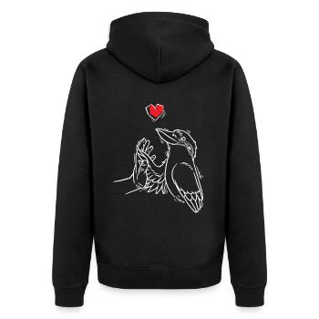 Lachender Hans Vogel Jägerliest Mit Hand - Unisex Premium Bio Zip Hoodie - Schwarz - Hinten - Nico (187cm)
