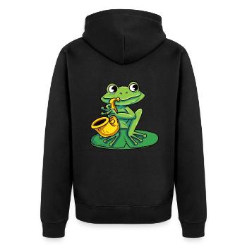 Frosch spielt Saxophon - Unisex Premium Bio Zip Hoodie - Schwarz - Hinten - Nico (187cm)