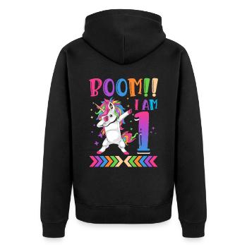 Boom!! I Am 1, Colorful Funny Unicorn 1. - Unisex Premium Organic Zip Hoodie - black - Back - Nico (187cm)