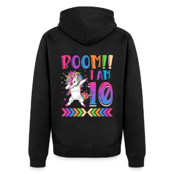 Boom!! I Am 10, Colorful Funny Unicorn 10. - Unisex Premium Organic Zip Hoodie - black - Back - Nico (187cm)