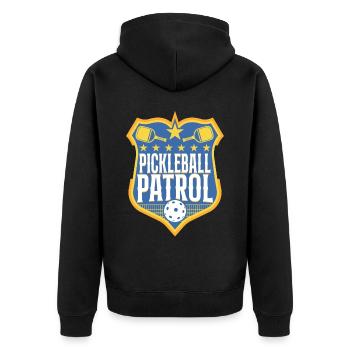Pickleball Badge Pickleball Patrol - Unisex Premium Bio Zip Hoodie - Schwarz - Hinten - Nico (187cm)