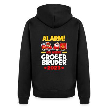 Feuerwehr Ich Werde Großer Bruder 2023 - Unisex Premium Bio Zip Hoodie - Schwarz - Hinten - Nico (187cm)