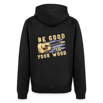 Be good to your wood für Gitarristen - Unisex Premium Bio Zip Hoodie - Schwarz - Hinten - Nico (187cm)