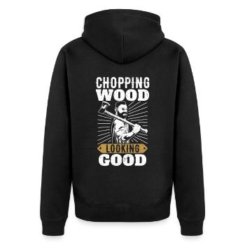 Chopping Wood looking Good für Holzfäller - Unisex Premium Bio Zip Hoodie - Schwarz - Hinten - Nico (187cm)
