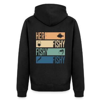 Hier Fisch Fisch Jagd Cool Fischer Retro - Unisex Premium Bio Zip Hoodie - Schwarz - Hinten - Nico (187cm)
