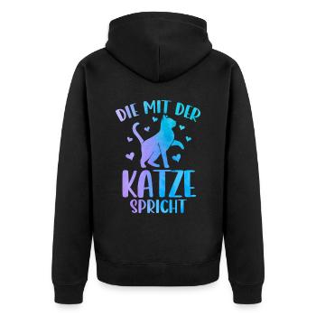 Katze Spruch Die Mit Der Katze Spricht - Unisex Premium Bio Zip Hoodie - Schwarz - Hinten - Nico (187cm)