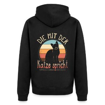 Katze Spruch Die Mit Der Katze Spricht - Unisex Premium Bio Zip Hoodie - Schwarz - Hinten - Nico (187cm)