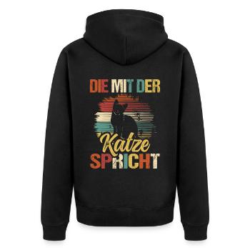 Katze Spruch Die Mit Der Katze Spricht - Unisex Premium Bio Zip Hoodie - Schwarz - Hinten - Nico (187cm)