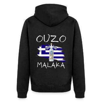 Ouzo Malaka - Unisex Premium Bio Zip Hoodie - Schwarz - Hinten - Nico (187cm)