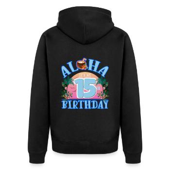 Aloha Es Ist Mein 15. Geburtstag Kokosnuss - Unisex Premium Bio Zip Hoodie - Schwarz - Hinten - Nico (187cm)
